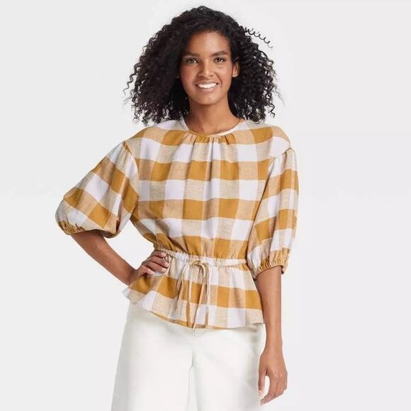 WHO WHAT WEAR | Gold Gingham Peplum Top Puff Sleeve Linen Blend Blouse | Large - Picture 2 of 7